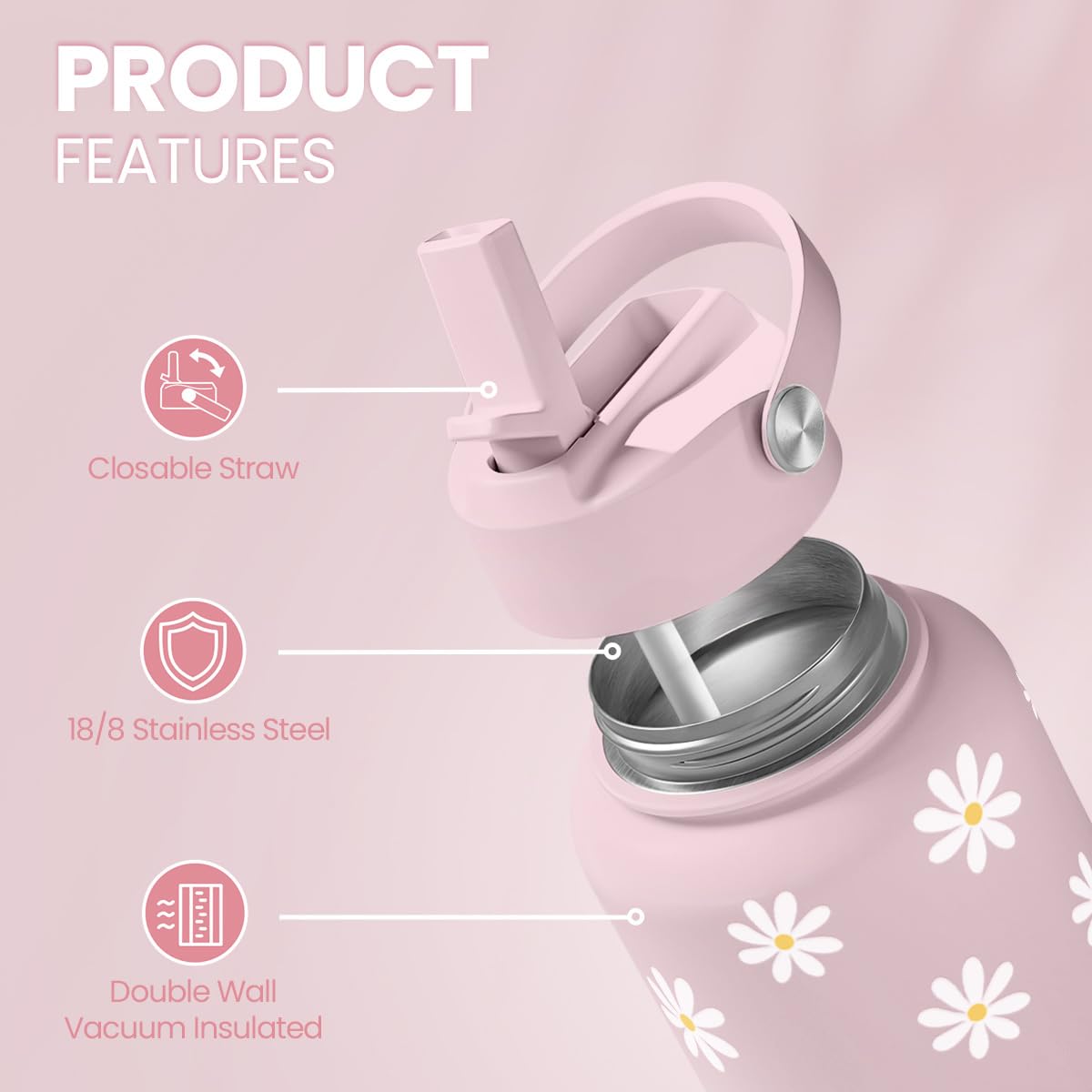 SANDJEST Daisy Water Bottle Stainless Steel 32oz Insulated with Lid, Flower Water Bottles Gifts for Women Girls Friends Teens Bi