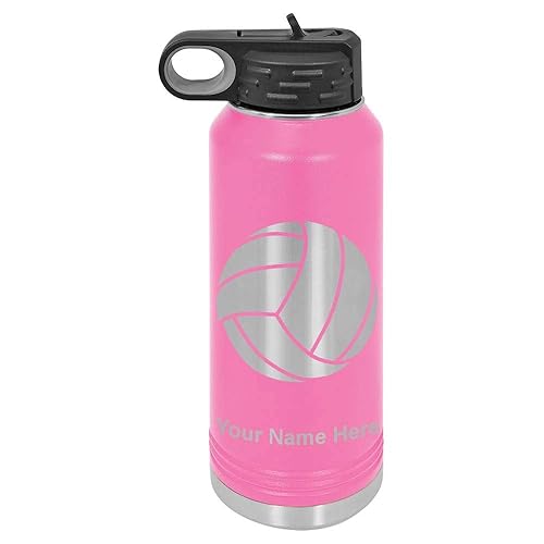 Lasergram 40Oz Double Wall Flip Top Water Bottle With Straw, Volleyball Ball, Personalized Engraving Included (Pink)