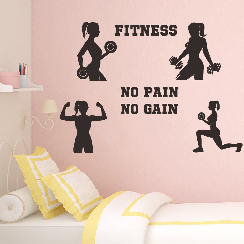 Anfrjji Women Fitness Wall Decal - Pvc Removable Vinyl Sticker - No Pain No Gain Quote With Girl Lifting Weights - Gym And Home