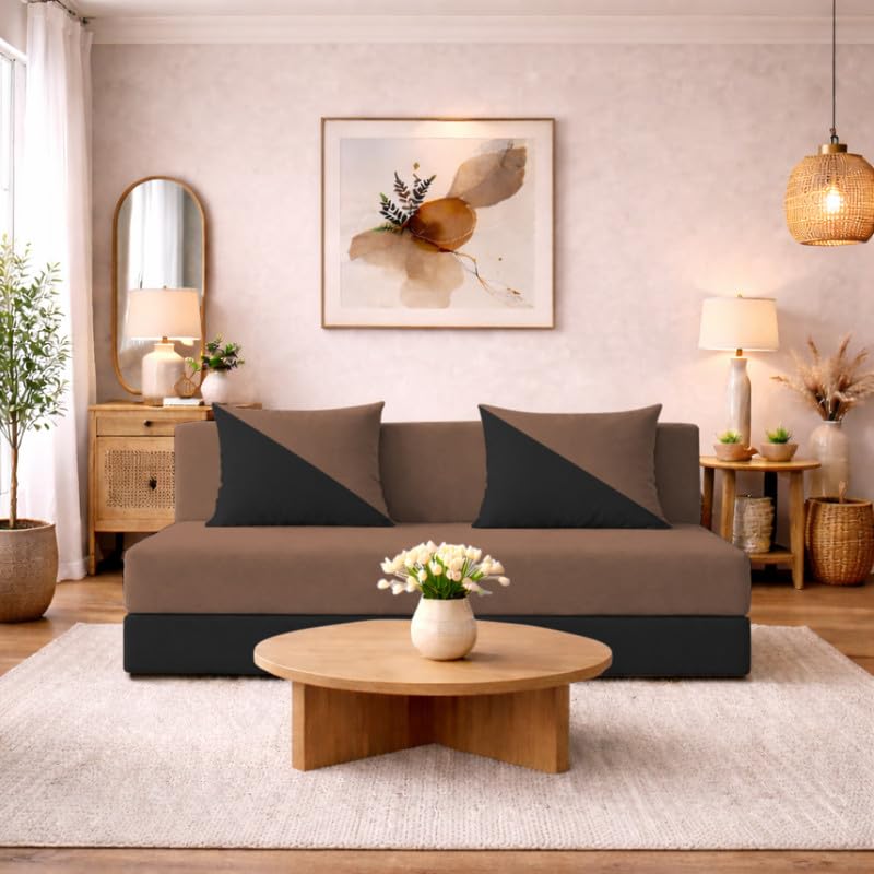 Adorn India Easy Desmond 3 Seater Sofa Cum Bed 5 X 6 Velvet (Camel & Black) (1 Year Warranty)