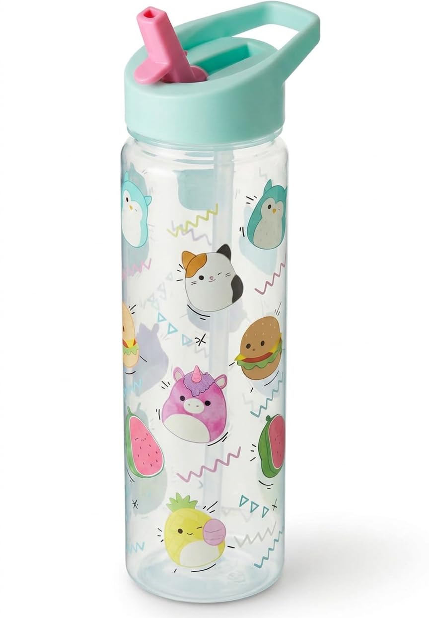 Hox Squishmallows Pink Drinks Bottle Eco Freindly BPAFree Plastic School Water Bottle with Removable Straw, Spills Proof for Sq