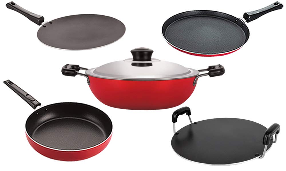 Nirlon NonStick Pfoa Free Stain Resistance NonInduction Kitchen Cooking Essential Combo Item Set Of 5 Pieces (26_Ft12_Ct_Dkdb_