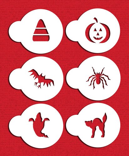 Designer Stencils C065 Halloween Cupcake And Cookie Stencil Set With Cat, Candy Corn, Spider, Ghost, Bat And Pumpkin, Beige/Semi