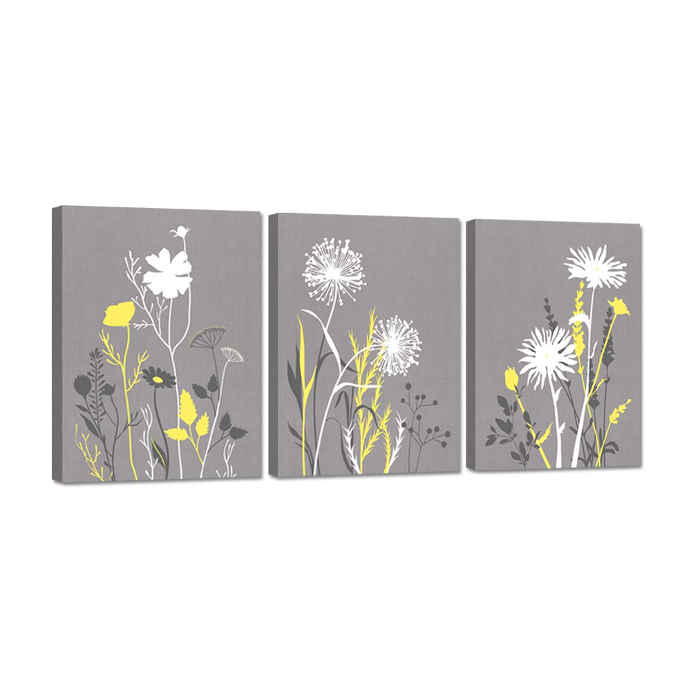 Zlove 3 Pieces Yellow Grey Bathroom Wall Art Abstract Botanical Leaves Simple Life Art Print On Canvas For Modern Home Decor Rea