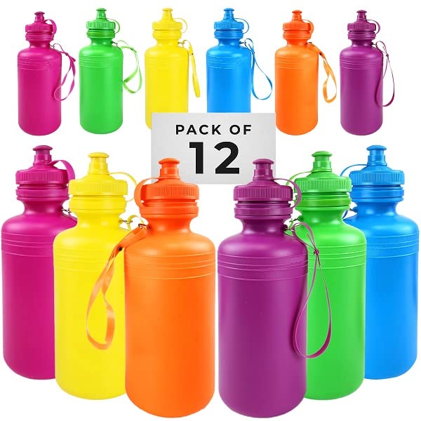 12 Kids Water Bottles Bulk Pack, Summer Beach Accessory | Holds 18 Ounces, 6 Different Neon Colors With Wrist Strap (12 Pack)