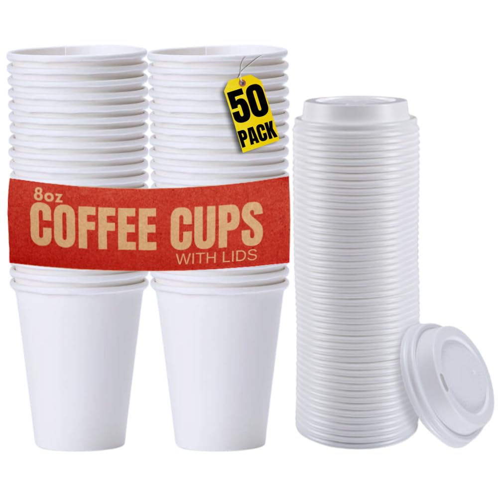 1Inthehome 8 Oz Coffee Cups With Lids Disposable Paper Coffee Hot Cups (50 Cup & 50 Lids)