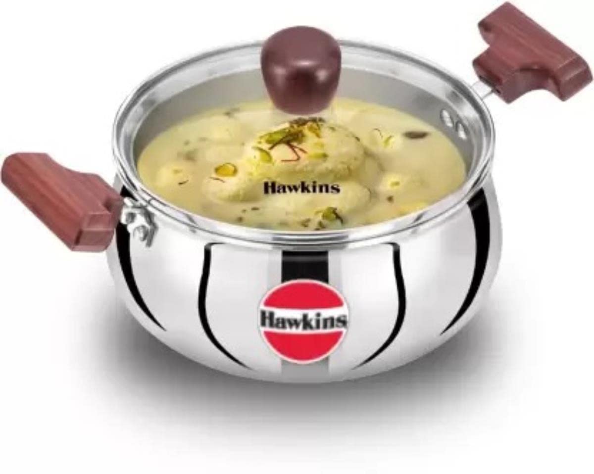 Hawkins 2 Litre Cook n Serve Handi, Triply Stainless Steel Handi with Glass Lid, Induction Sauce Pan, Biryani Handi, Saucepan, S