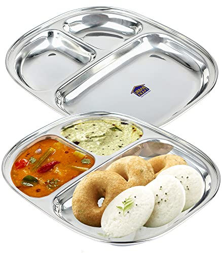 Urban Kraft 3In1 Stainless Steel Plates With Compartments/Small Tiffin Plates Set Of 2/ Idli Sambhar Plates/Partition Plates/Bre