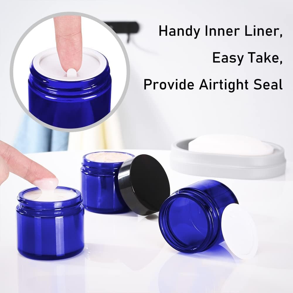 Bumobum 1 Oz Blue Glass Jars With Lids, 48 Pack Clear Small Jars With Black Lids, White Labels & Inner Liners, Empty Round Cosme