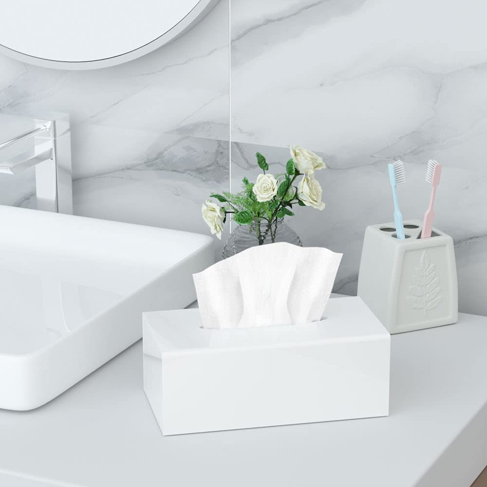 Hiimiei Tissue Box Cover, Acrylic Tissue Holder Napkin Dispenser For Home Office Restaurant Desk Decor, White Rectangular 9.8X5.