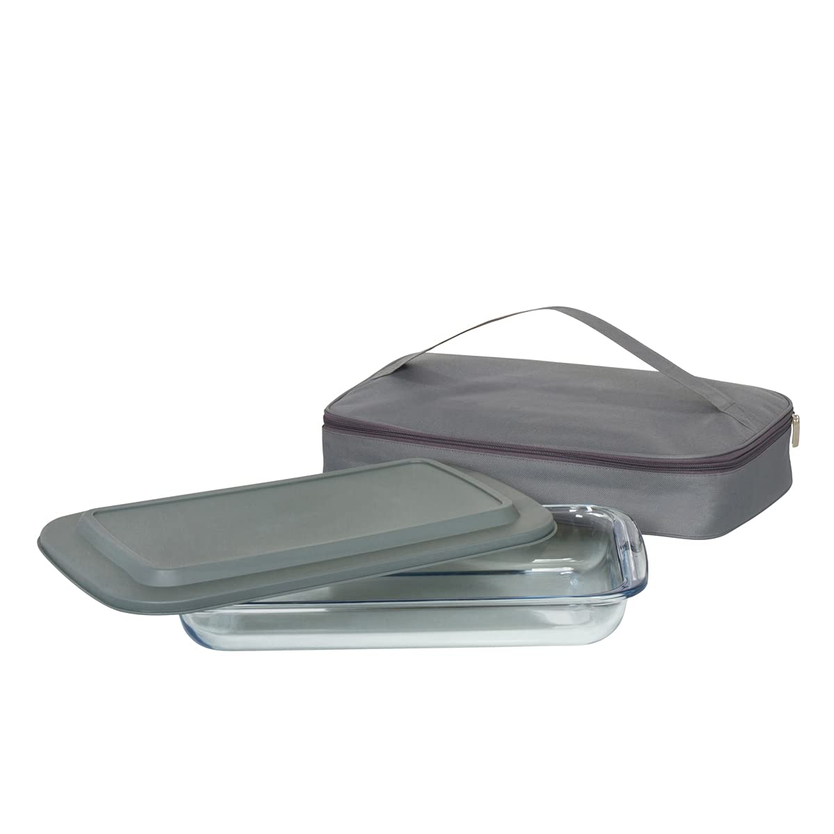 Baking Dish Oven Safe Glass Baking Dish with Lid & Warming Bag, Clear Glass with Gray Lid and Bag
