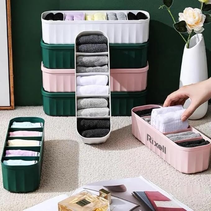 Rixell Drawer Organizers For Underwear, Socks, Bras, Ties, Undergarments, Scarves, Plastic Closet Storage Dividers, Multicolor, 