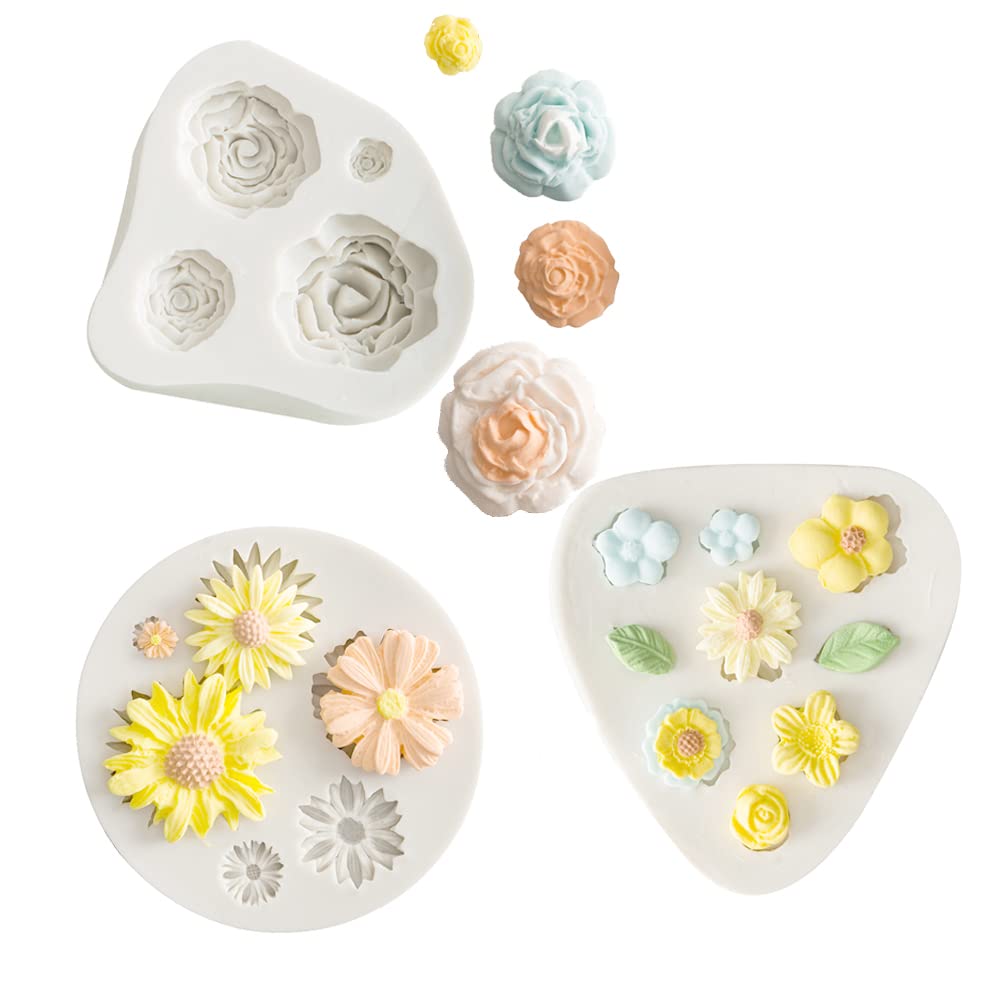 Kalaien 3Pcs Flower Fondant Cake Mold Daisy Flower,Rose Flower,Small Flower For Chocolate Fondant Polymer Clay Soap