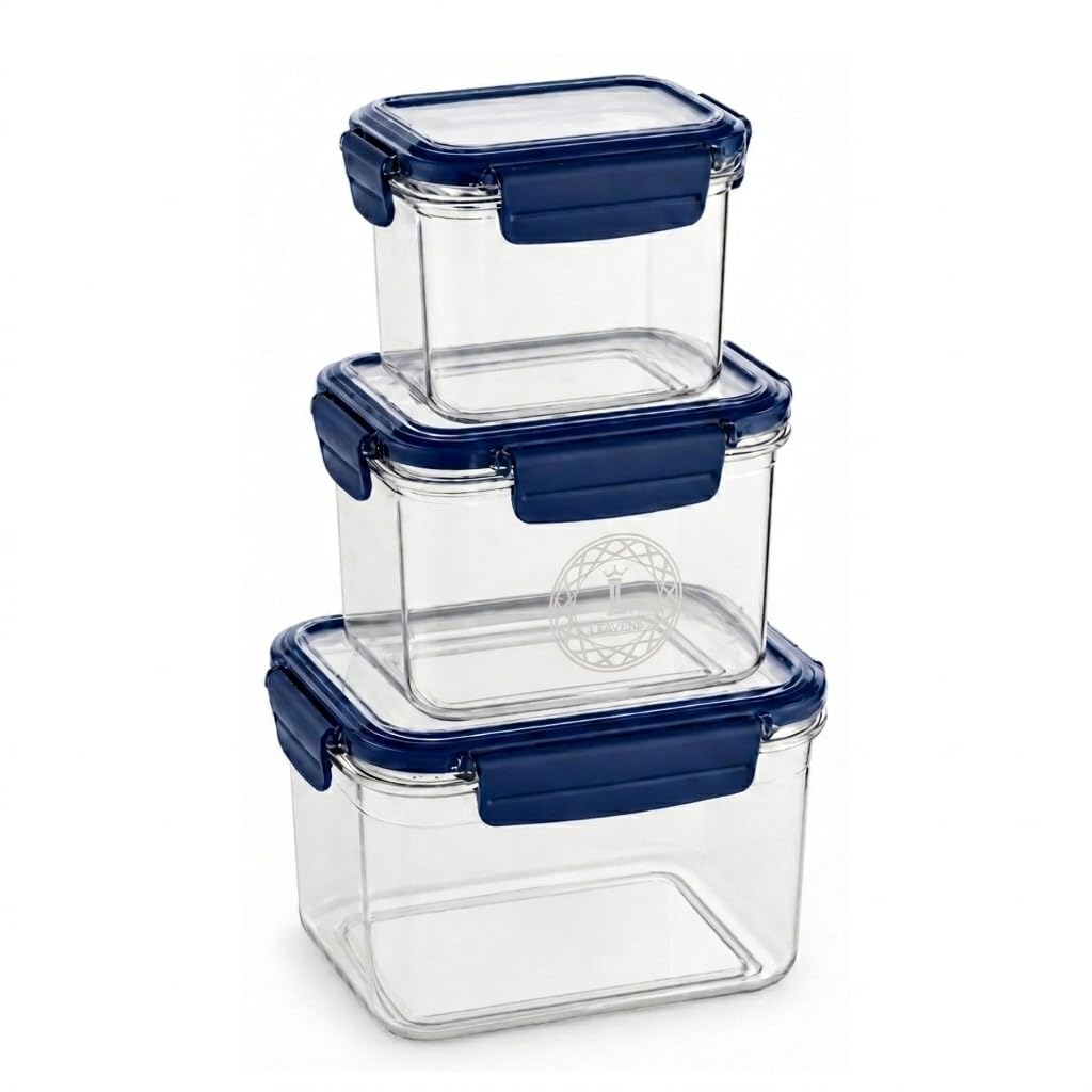 Leavens Airtight Leakproof Plastic Food Storage Container Set Of 3, Clear With Blue Lid, BpaFree, 700Ml, 1500Ml & 2550Ml