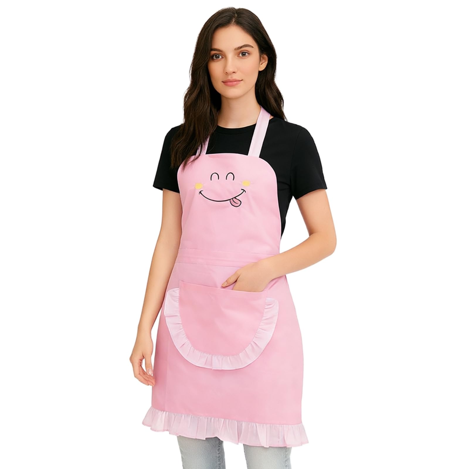 Cute Pink Smiley Face Apron Women Adjustable Ruffled For Kitchen