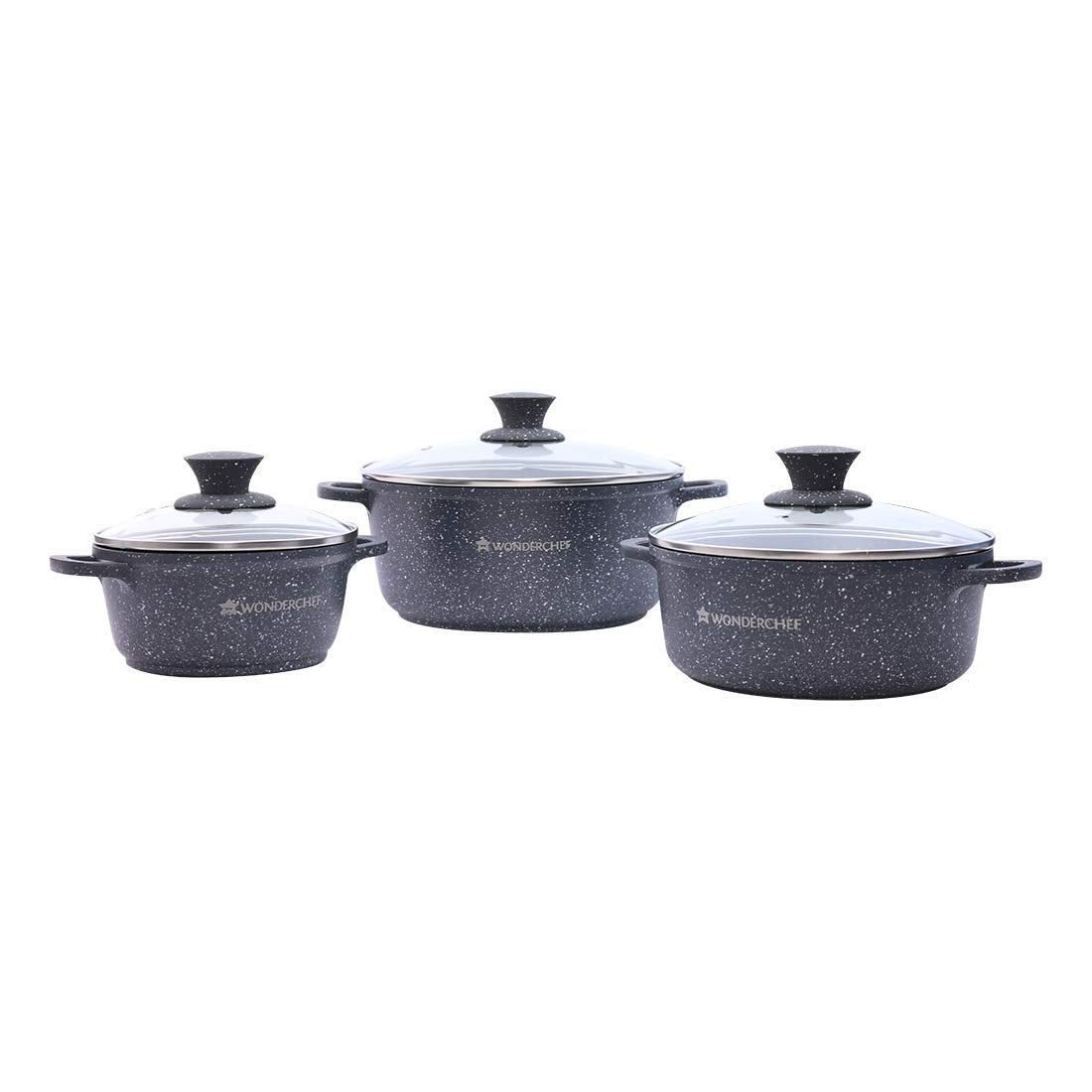 Wonderchef Granite Die-Cast 6 Pc Casserole Set With Glass Lid For Kitchen, Non-Toxic Chemical & Pfoa Free, Low-Oil Cooking, Scra