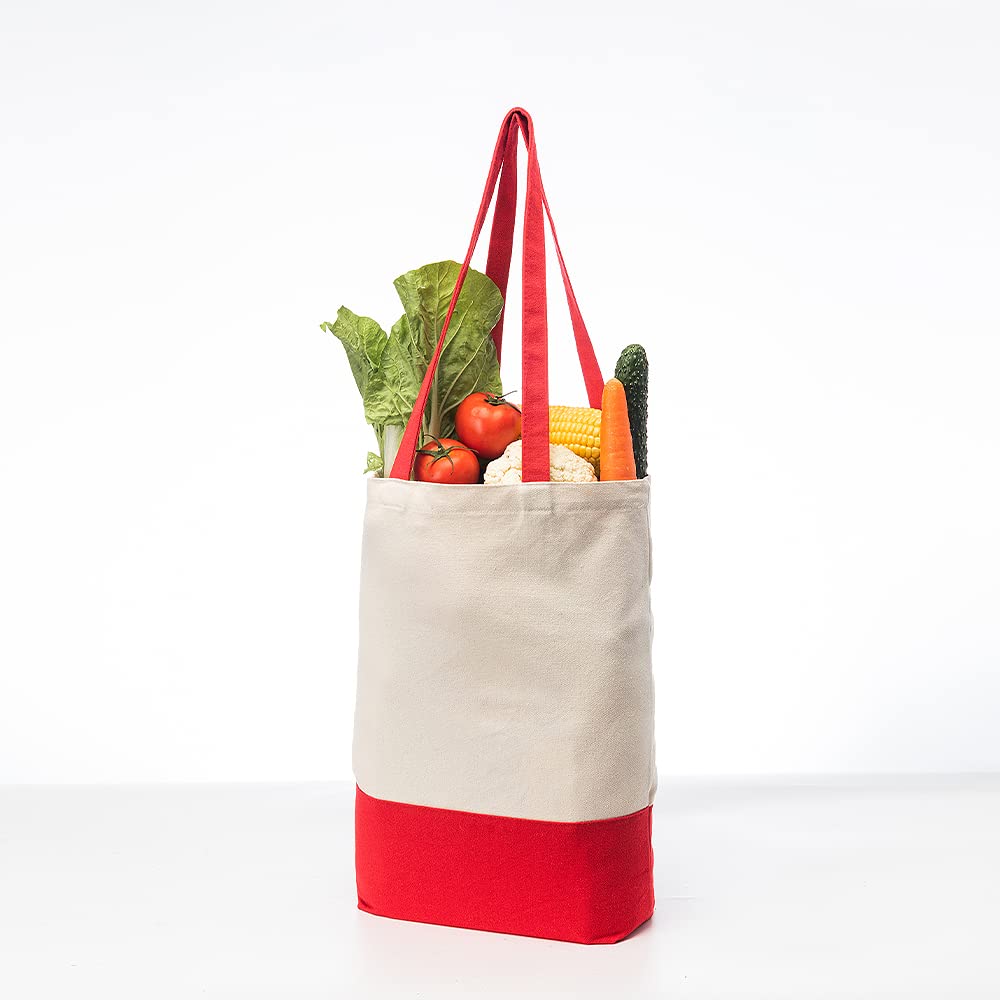 Azuca Heavy Duty 12 Oz Cotton Canvas Bag With Bottom Gusset Grocery Beach Shopping Bag 17X14X4 Inches (Red - 12 Pack)
