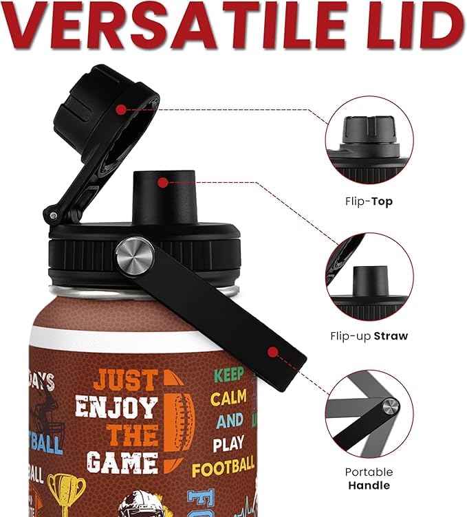 American Football Insulated Stainless Steel Water Bottle 32oz, Vacuum Chug Lid Travel Tumbler for Men Friends Dad Football Lover