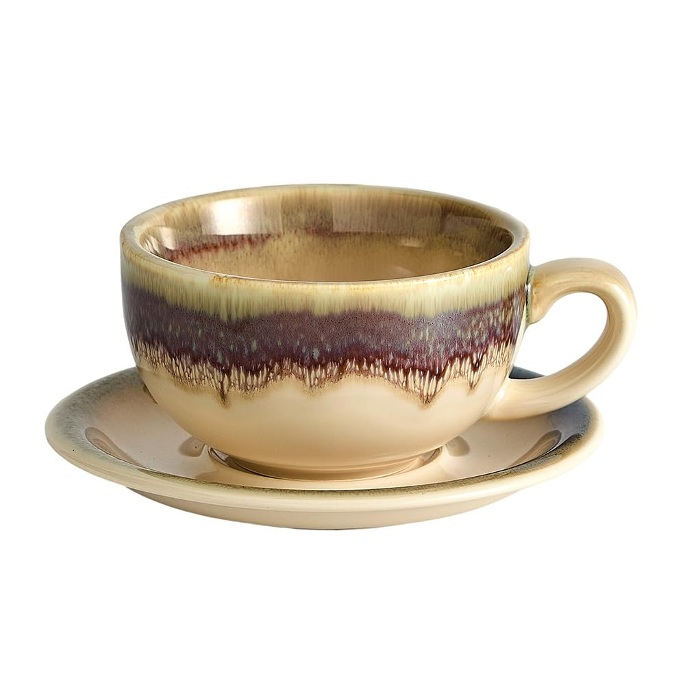 Coffeezone Vintage Design 12 oz Ceramic Latte Art Cappuccino Barista Cup with Saucer (Brown)