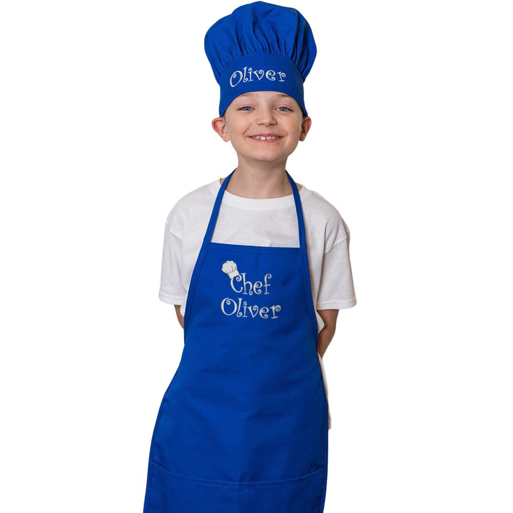THE APRONPLACE Personalized Chef Apron & Hat Set for Kids, Royal, 24"L x 16"W, Polyester