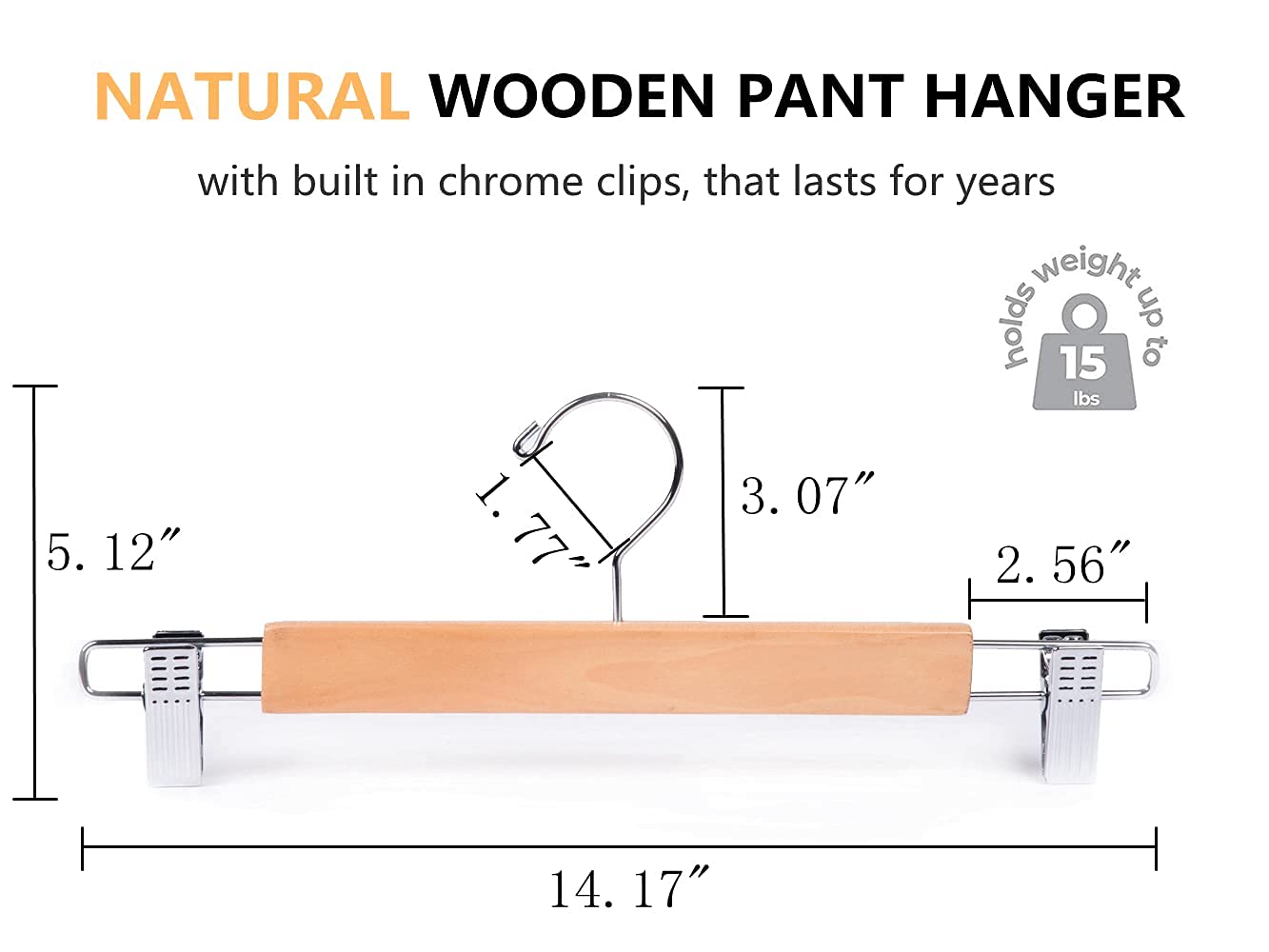 Amber Home 14.17'' Solid Natural Wooden Pant Skirt Hangers 24 Pack, Bottom Hangers For Slacks Trousers Jeans With 2-Adjustable A