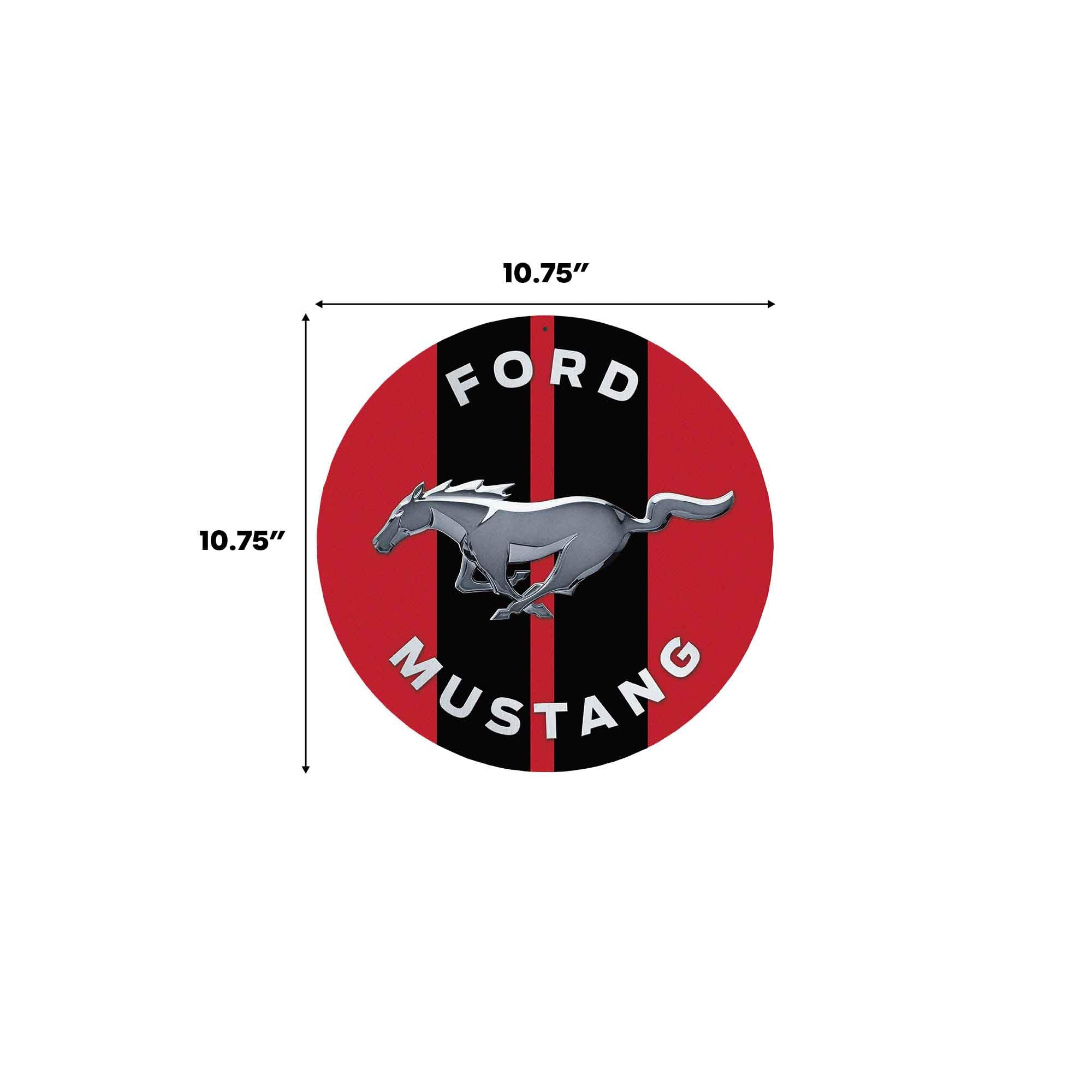 Ford Mustang Round Metal Wall Decor - Iconic Running Horse Logo with Red and Black Racing Stripes