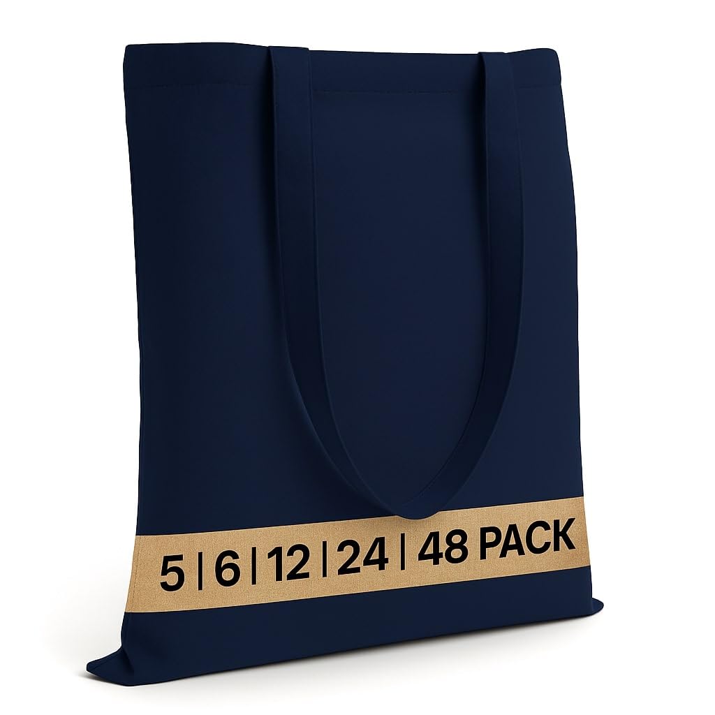 Salt Earth Pack of 5 | 6 | 12 | 24 | 48 - 100% Cotton Reusable Tote Bags - Bulk Grocery, Shopping, DIY, Beach & Gift Use (Navy)