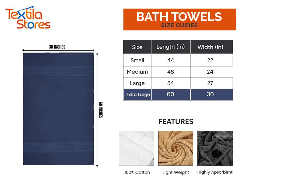 Textila 100% Cotton Extra Large Bath Towels - 30X60 (4-Pack, Navy Blue) - Highly Absorbent, Super Soft, And Luxurious For Bathro