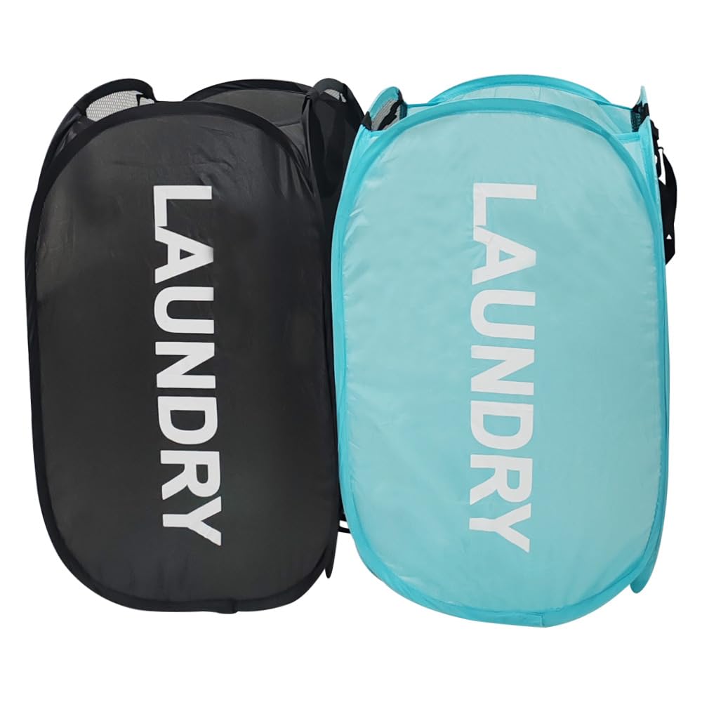 Larpur Pop Up Laundry Baskets, 2 Pack Mesh Laundry Hampers Collapsible Clothes Hampers for Home, Dorm, Travel (Black + Blue)