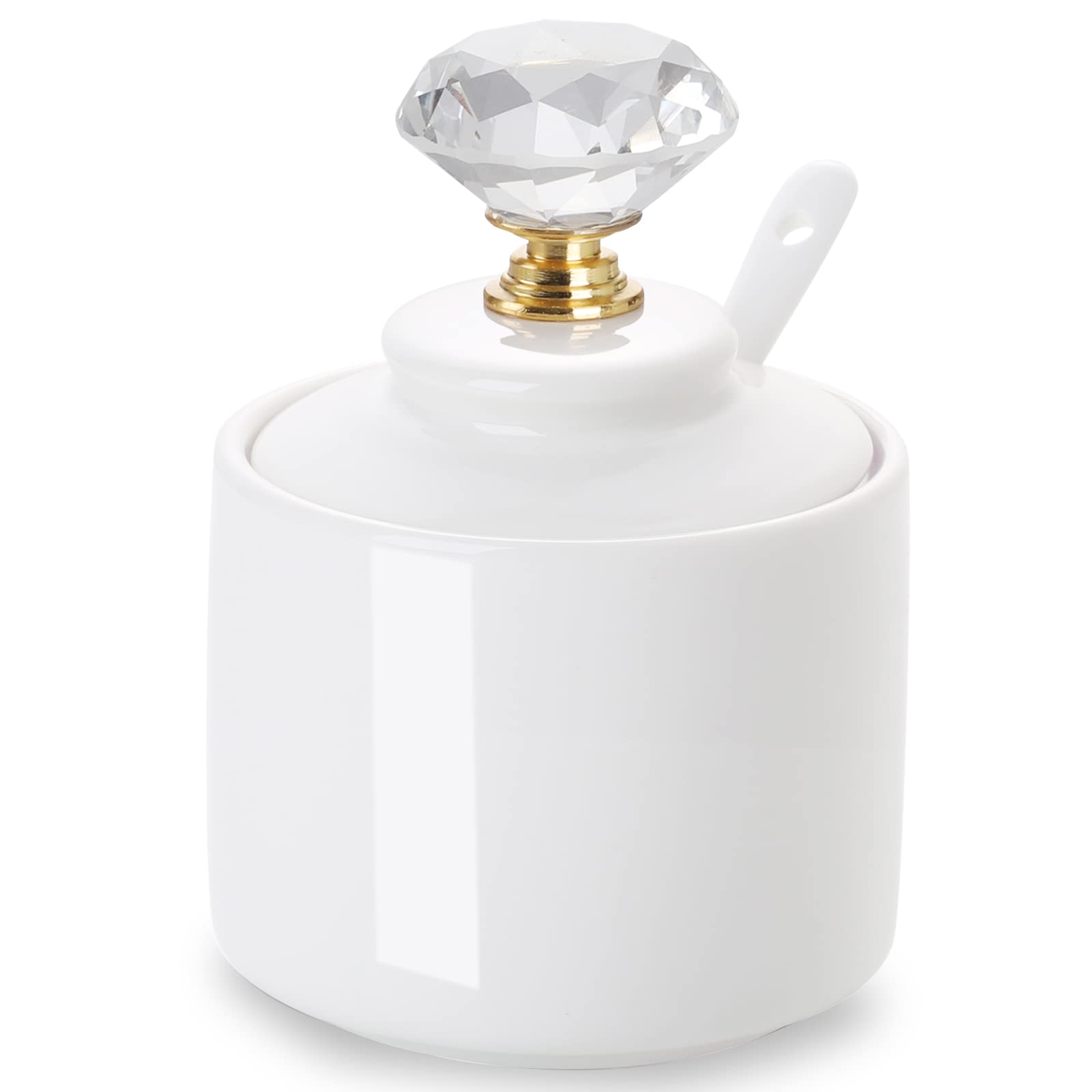 Ontube Porcelain Sugar Bowl With Crystal Lid And Spoon,8Oz White (Crystal Gold)