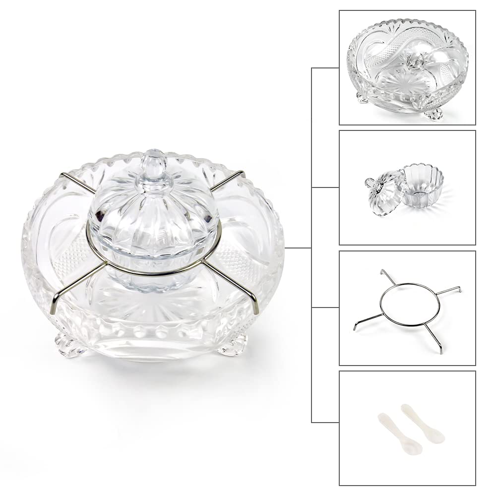 Duebel Caviar Serving Set, 1 Glass Divided Serving Bowl Set Plus 2 Pcs. X Mother Of Pearl Caviar Spoon -Caviar Dish Serving Set,