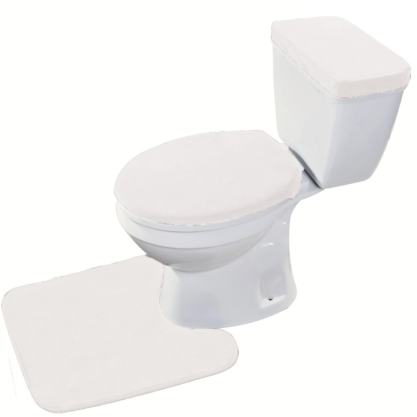 Madeals Toilet Mat and Lid Cover Set, 3 Piece, White Velvet with Toilet Tank Cover