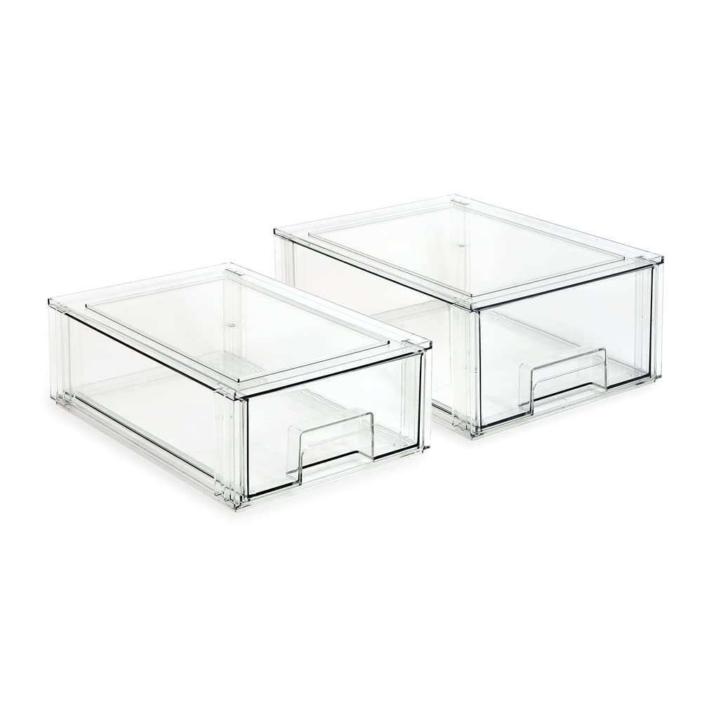 Isaac Jacobs Stackable Organizer Drawer Set (1 Medium, 1 Large), Clear Plastic Storage Boxes, Pull-Out Bins, Home, Office, Close