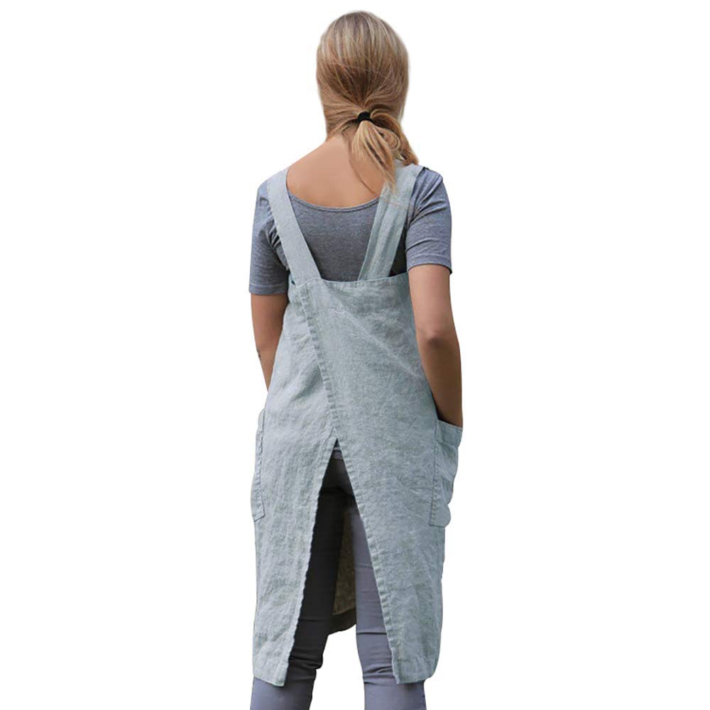 Women 'S Pinafore Square Apron Baking Cooking Gardening Works Cross Back Cotton/Linen Blend Dress With 2 Pockets Light Blue-M