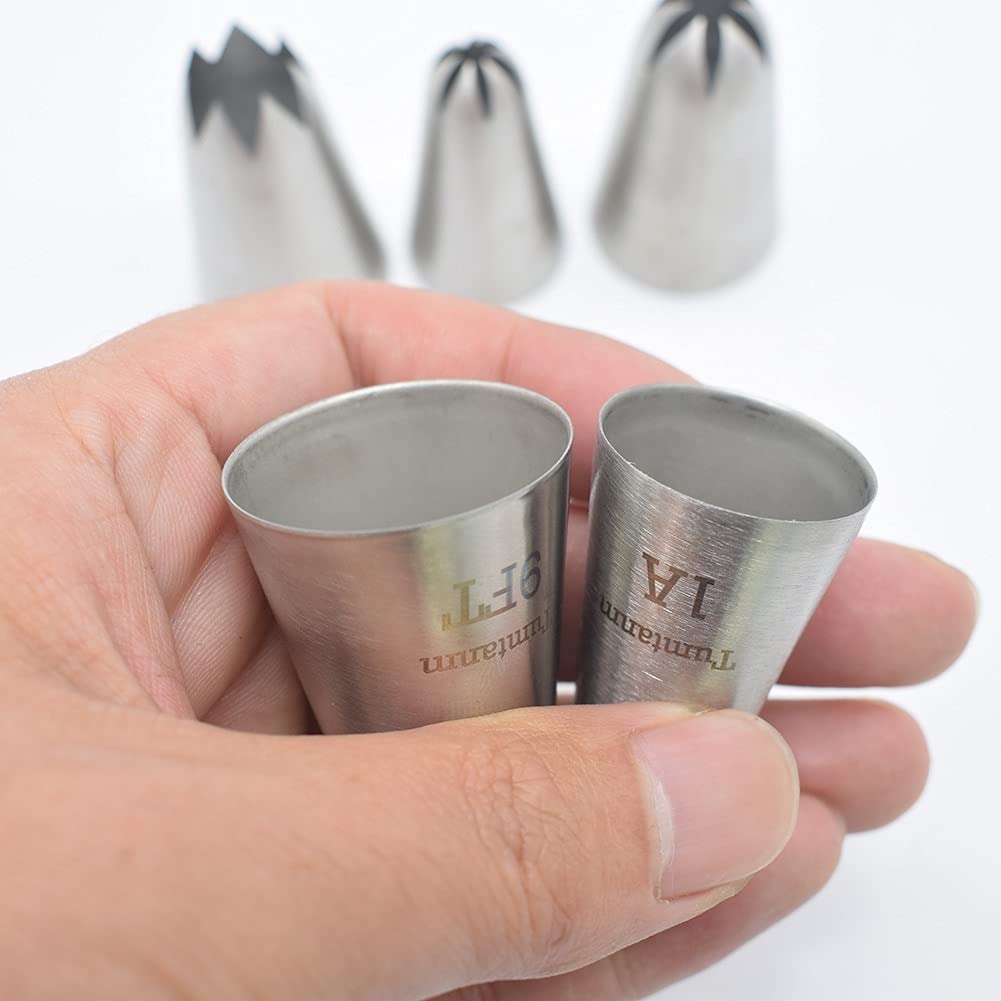 Tumtanm 9Ft 1B 356 1A 2D# Seamless Stainless Steel Piping Icing Tips, 5 Pack Extra Large Piping Nozzles Cupcake Decorating Kit
