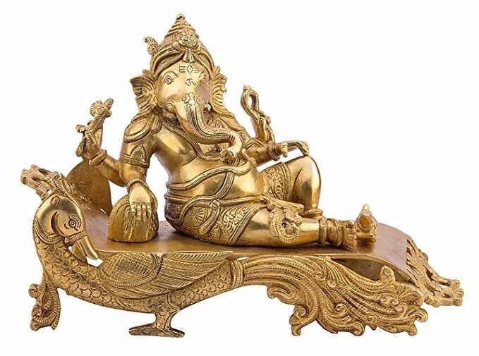 Artvarko Large Size Brass Ganesh Bhagwan Idol Resting Position Virajman On Designer Peacock Couch Ganesha Ganapati Ganpati Puja