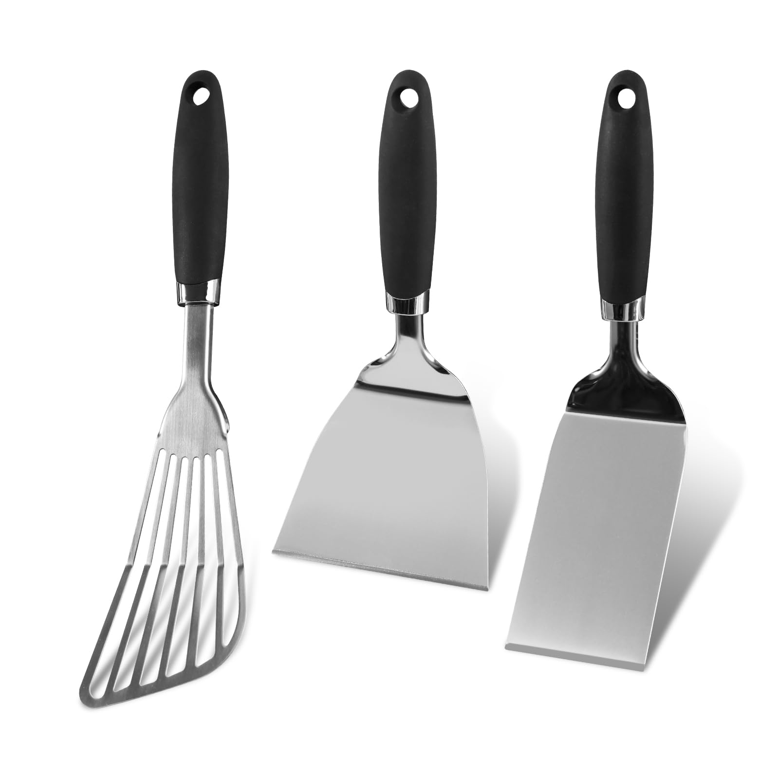 Stainless Steel Spatula Set of 3, Heavy Duty Small Metal Spatula for Cooking Cast Iron Skillet with Heat-resistant Handle, Fish 