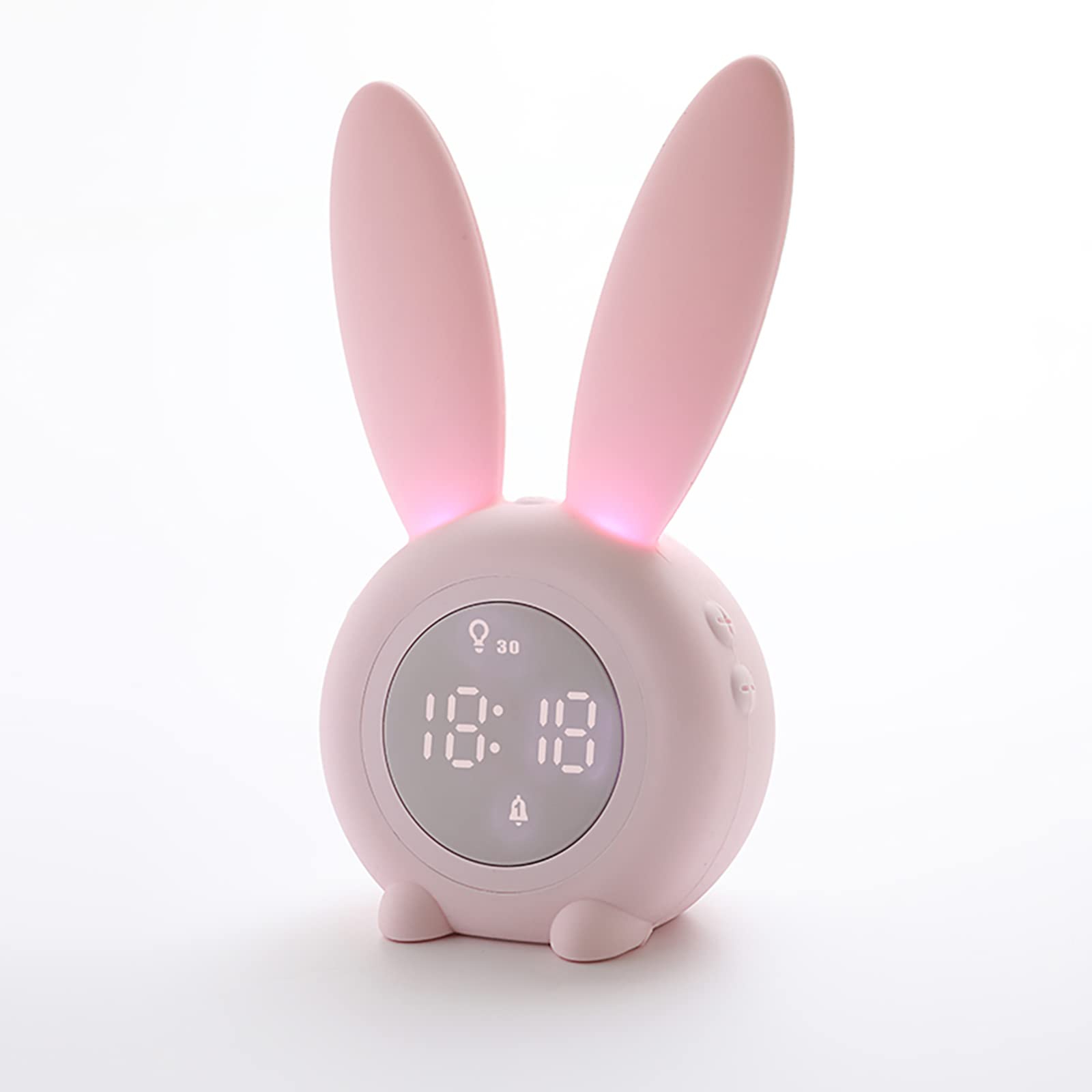 NEBDKRY Kids Bunny Alarm Clock with Night Light 6 Ringtones, Cute Touch Control and Rechargeable Snooze Clock for Children Girls