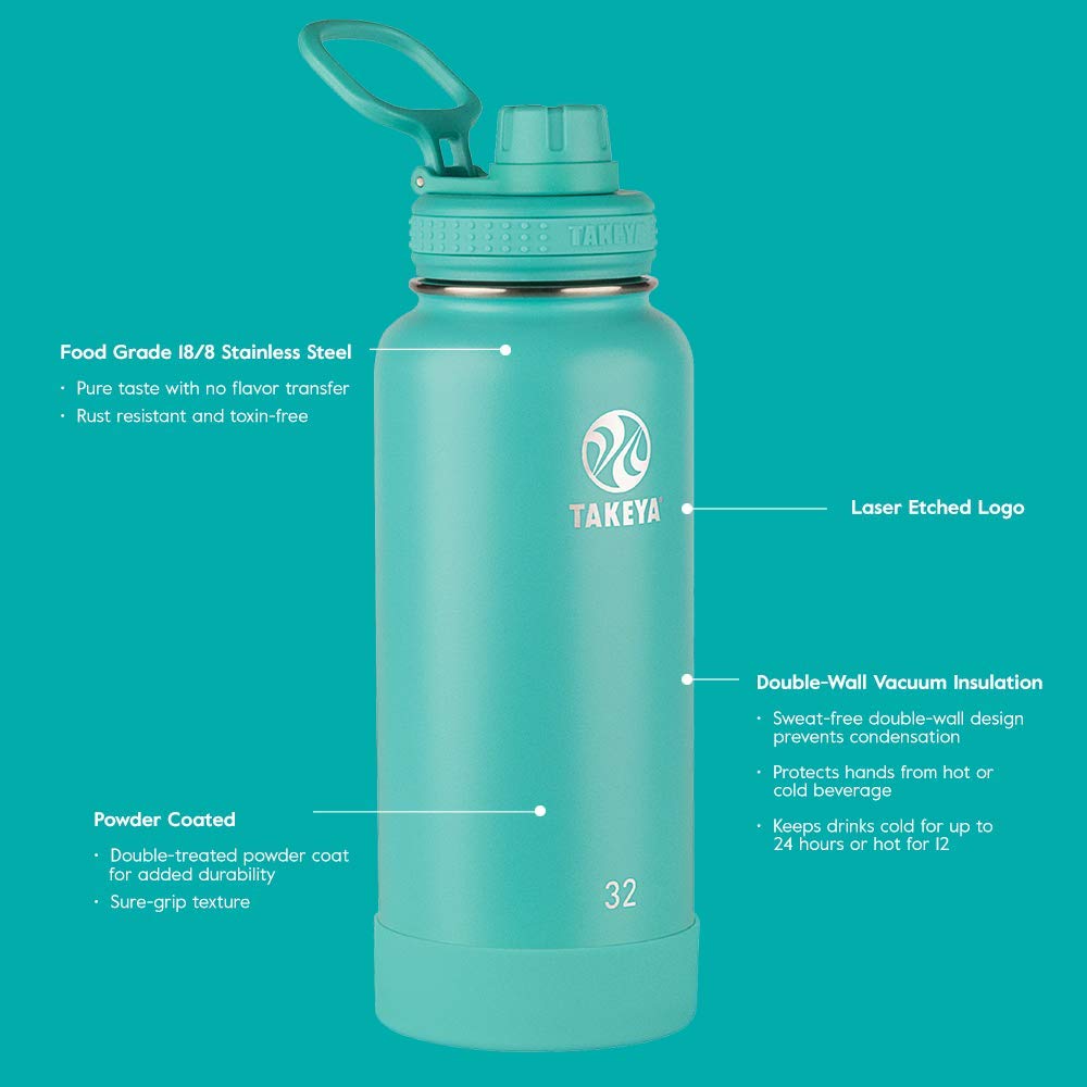 Takeya Actives Insulated Stainless Steel Water Bottle With Spout Lid, 18 Ounce, Teal