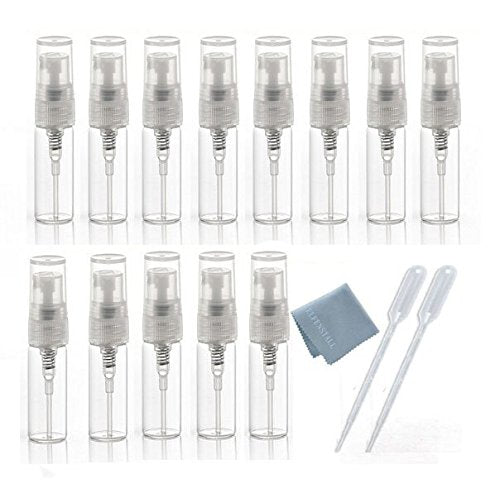 Elfenstal- 10pcs Mini Clear 3ml 1/6OZ Atomizer Fine Mist Empty Glass Bottle Spray Refillable Fragrance Perfume Scent Sample Bottle 1pc Clean Cloth for Travel Party Makeup Tool 2pcs Free 3ml Pipette