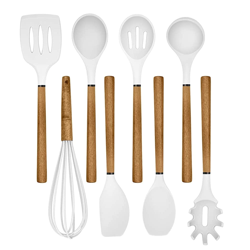 Country Kitchen 8 Pc Non Stick Silicone Utensil Set With Rounded Wood Handles For Cooking And Baking - White