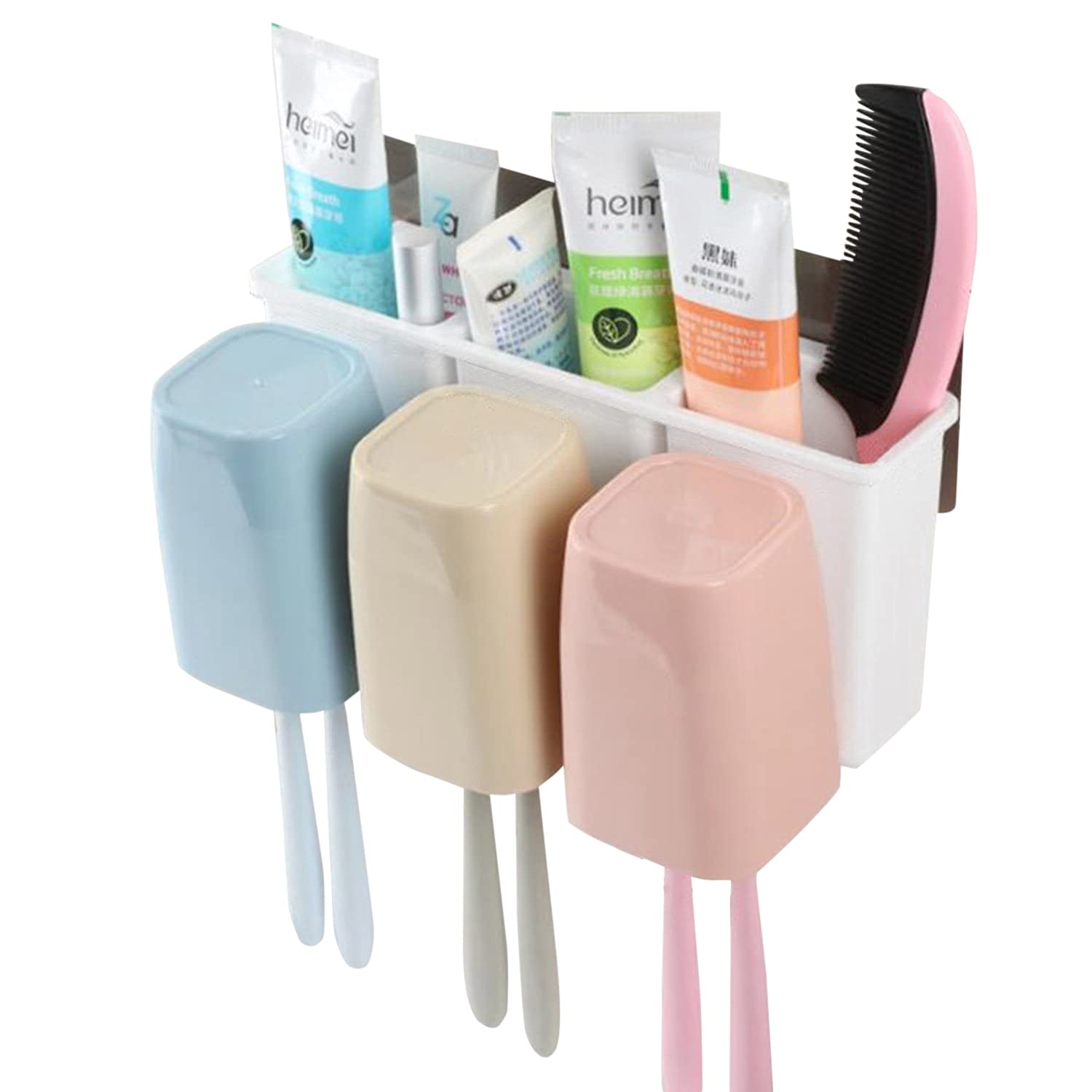 HOKIPO Plastic Self Adhesive Magic Sticker AntiDust Toothbrush Holder With 3 Cups, Multicoloured
