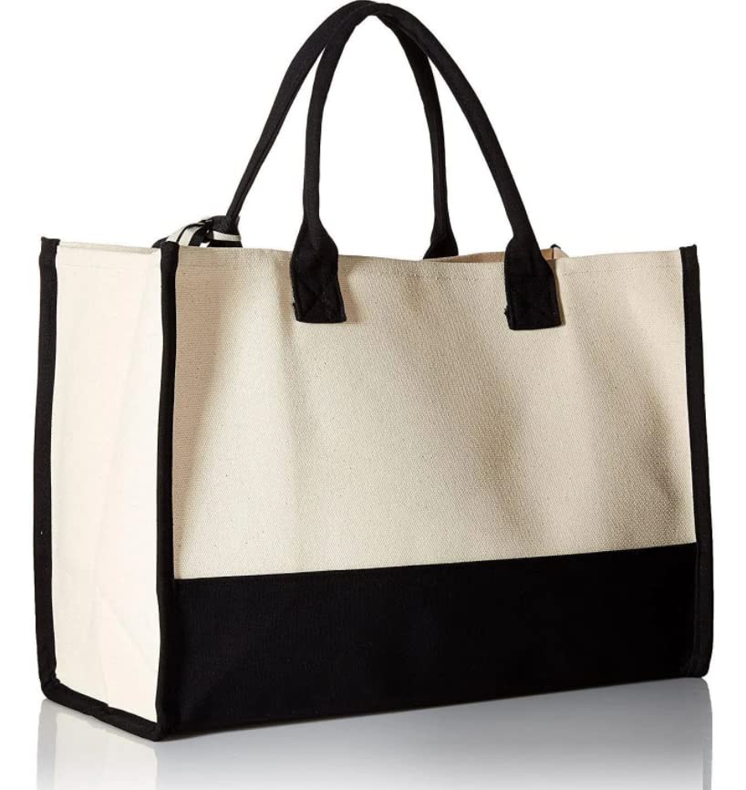 Mud Pie Classic Black and White Canvas Tote Bag, BLANK, 17 x 19 x 2