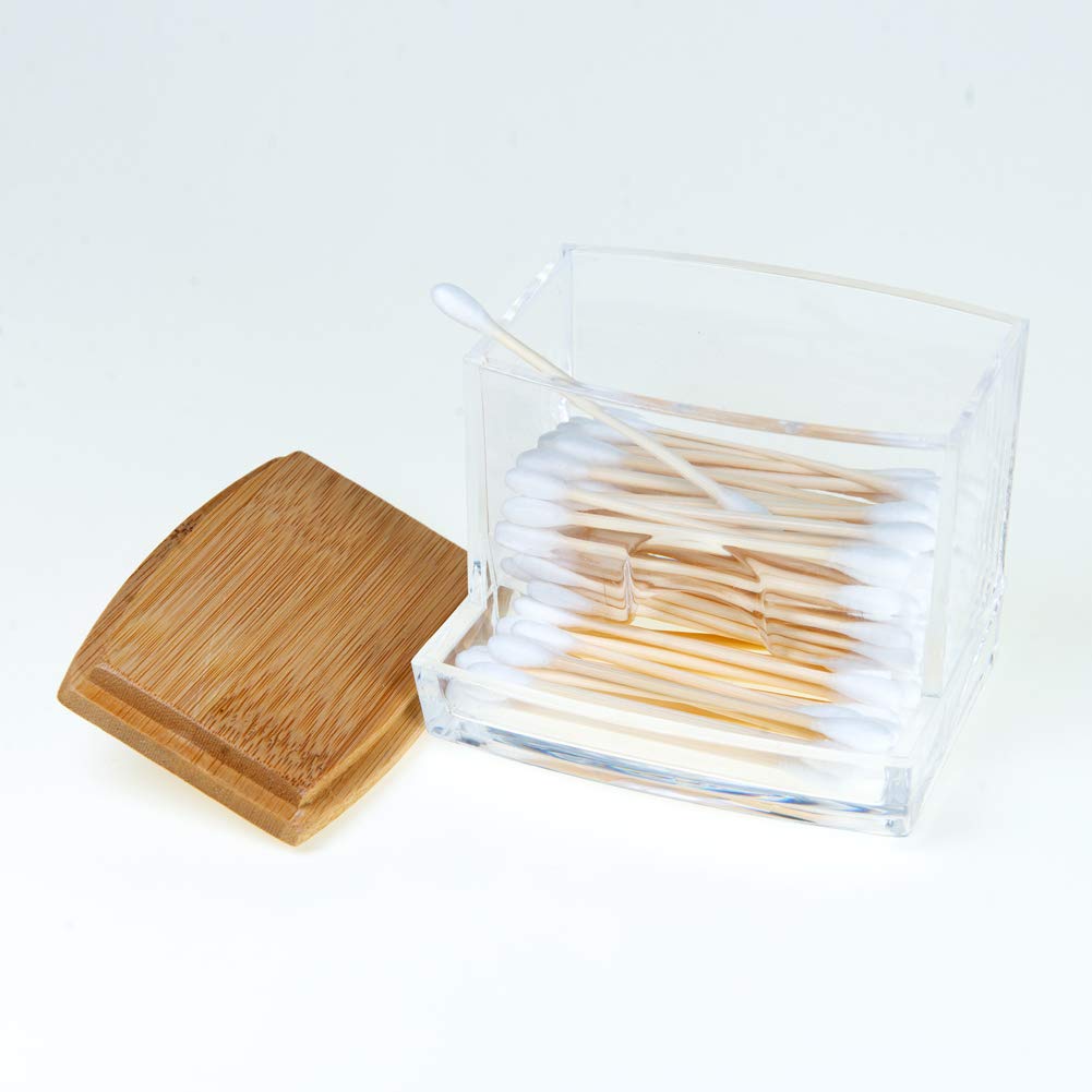 Nagu Acrylic Qtip Holder With Bamboo Lid, Clear Small Cotton Swab Dispenser, Plastic Ear Stick Swabs Holder, Square Toothpick St