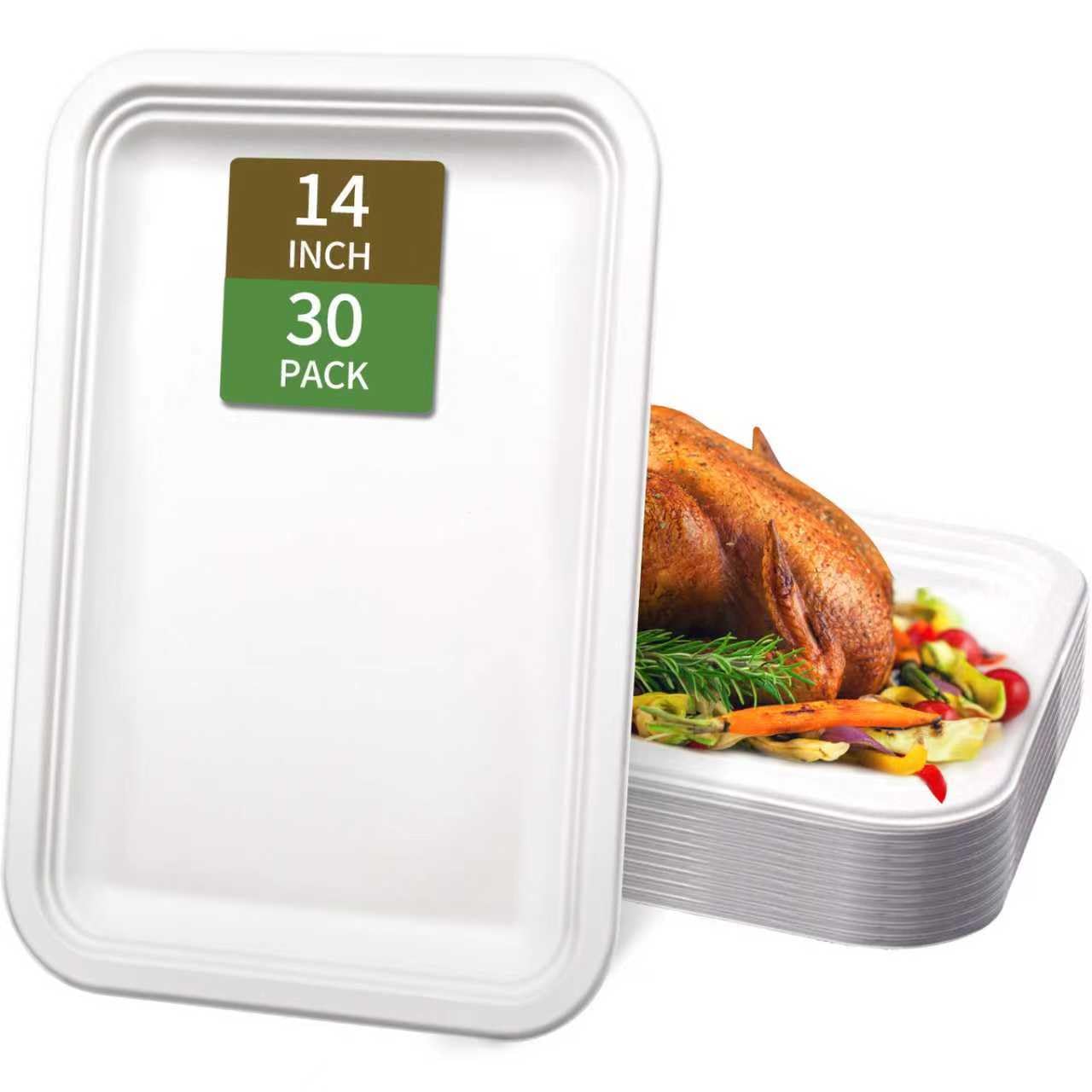 VEIZEDD 30Pack Compostable Food Trays 14 Inch Large Paper Plates Heavy Duty Disposable Serving Tray for Thanksgiving Turkey, BBQ