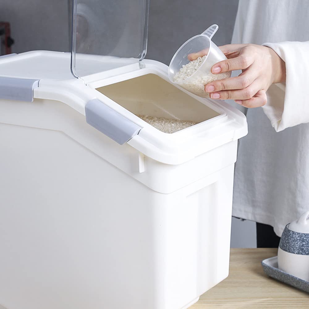 Qiveno Airtight Flour Storage Container 25 Lb Rice Storage Container With Wheels Seal Locking Lid, Food Containers With Measurin