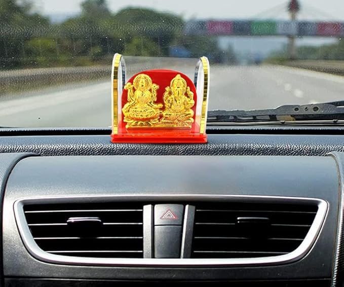 Awesome Craft Goddess Laxmi Ganesh Idol | Status | Murti Gold Polish Acrylic Idol In Glass Box For Home Temple, Office, Car Dash