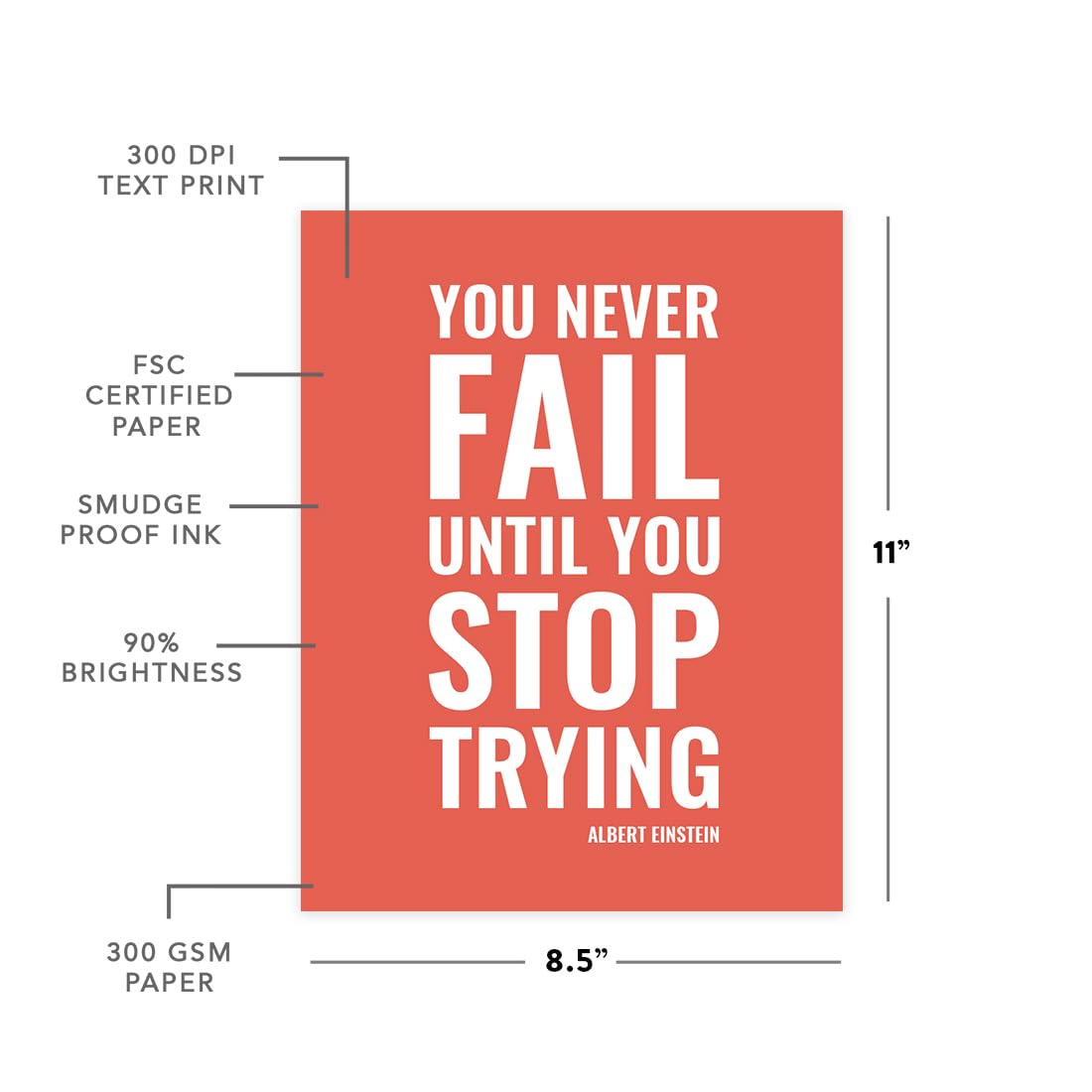 Andaz Press Motivational Wall Art, You Never Fail Until You Stop Trying, Albert Einstein, 8.5X11-Inch Inspirational Success Quot
