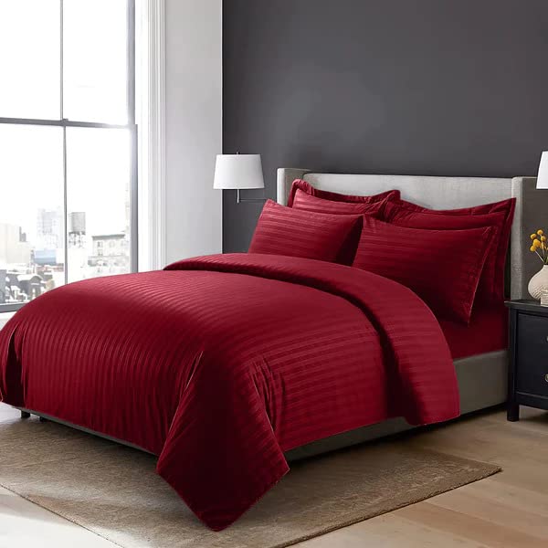 Vocal Store Classic Double Sateen Striped Bedding Set6 Pcs. Cherry Red (Includes 1 Bedsheet, 1 Duvet Cover, 2 Pillowcases)