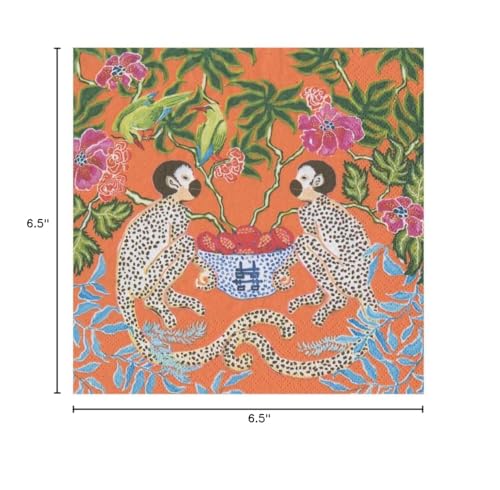 Caspari Monkeys Paper Luncheon Napkins in Orange - Two Packs of 20
